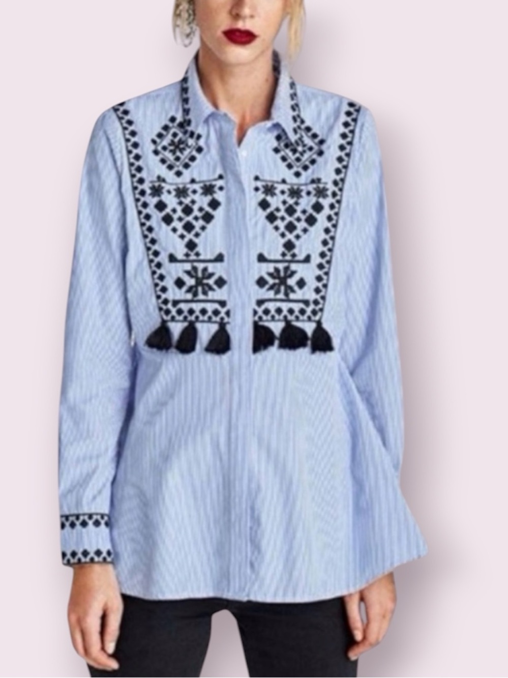 Zara Pinstripe Button Up Embroidered Top Peplum Tassels Blue & White Size XS